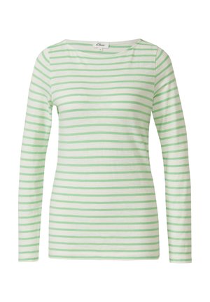 Biała koszula z długim rękawem z jasnosenymi poziomymi paskami i okrągłym dekoltem, rozmiar 36, widoczna metka marki s.Oliver.