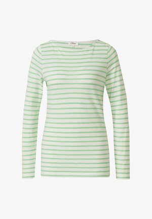 Biała koszula z długim rękawem z jasnosenymi poziomymi paskami i okrągłym dekoltem, rozmiar 36, widoczna metka marki s.Oliver.