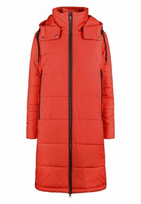 Doudoune rouge avec fermeture éclair intégrale, col montant et capuche amovible. Présente un motif matelassé et deux poches latérales zippées.