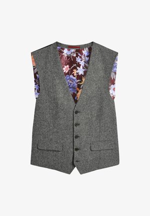 Gilet di lana grigia con scollatura a V, chiusura con bottoni e due tasche frontali; foderato con un motivo floreale nei toni del viola, rosa e blu.