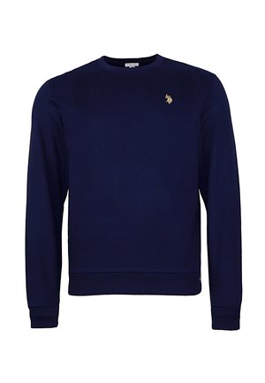 Tummansininen pitkähihainen crewneck-huppari, jossa on ribbaus hihansuissa ja helmassa. Vasemmassa rinnassa on pieni brodeerattu polo-pelaajan logo.