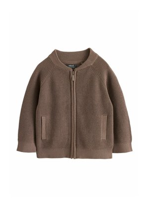 Brown knitted zip-up cardigan with long sleeves, ribbed cuffs, collar, hem, and two front pockets.