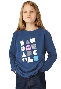 Langärmliges blaues Hemd mit geometrischem Grafikdesign in Weiß, Pink und Mustern. Weicher Baumwollstoff, lässige Passform, Rundhalsausschnitt.