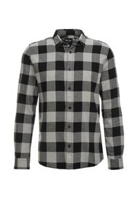 Camisa de cuadros en blanco y negro con cuello, de manga larga y corte recto. Presenta botones negros y una tela suave y texturizada.