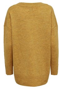 Mustard yellow oversized sweater with a ribbed hem and cuffs. Soft knit texture, dropped shoulders, and wide neckline, viewed from the back.
