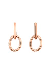 Orecchini a cerchio in oro rosa con due forme ovali collegate, con finitura lucida e bordi lisci, progettati per un aspetto moderno.