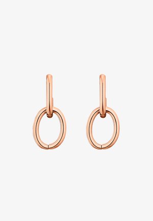 Hoop earrings w kolorze różowego złota z dwoma połączonymi ovalnymi kształtami, o polerowanej powierzchni i gładkich krawędziach, zaprojektowane z myślą o nowoczesnym wyglądzie.