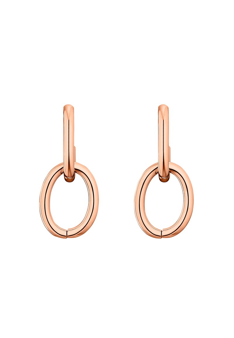 Orecchini a cerchio in oro rosa con due forme ovali collegate, con finitura lucida e bordi lisci, progettati per un aspetto moderno.