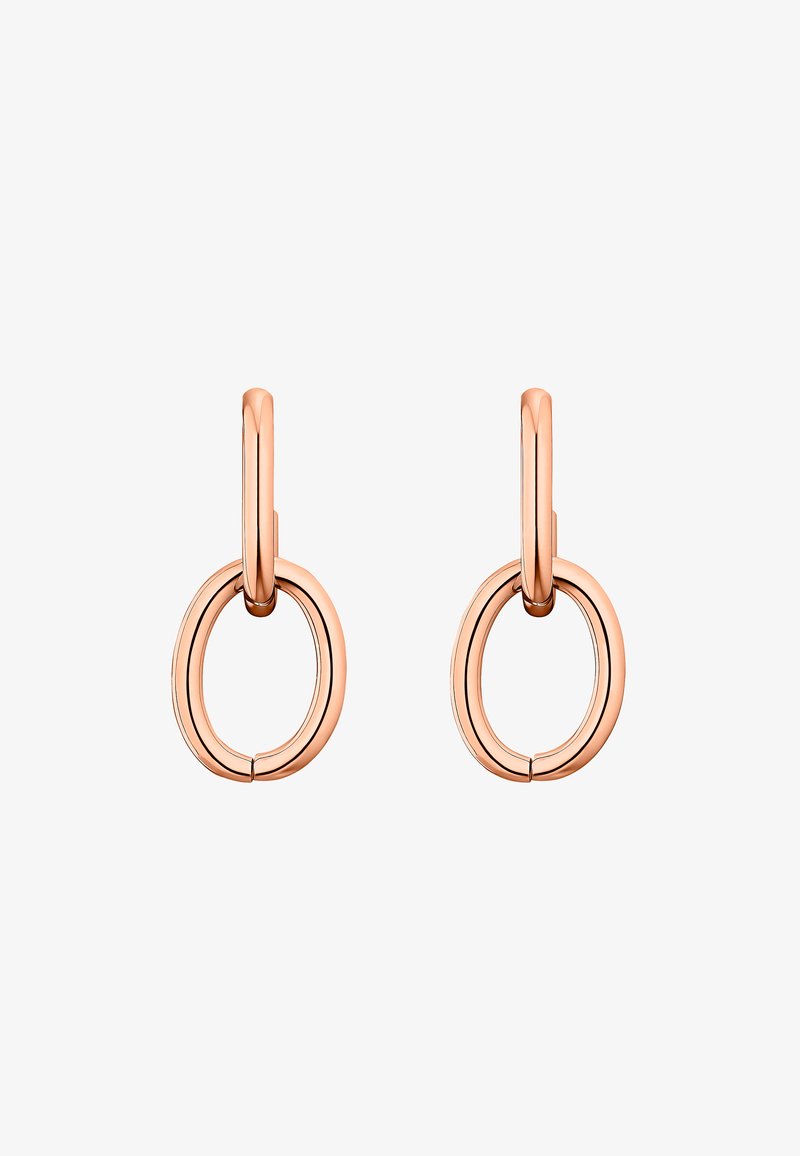 Ohrringe aus Roségold in Form von Creolen, die zwei verbundene ovale Formen mit polierter Oberfläche und glatten Kanten aufweisen, entworfen für einen modernen Look.