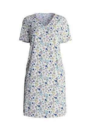 Korte jurk met bloemenpatroon, gemaakt van een stof met een zachte textuur. Heeft een V-hals en korte mouwen in tinten blauw, paars en geel.