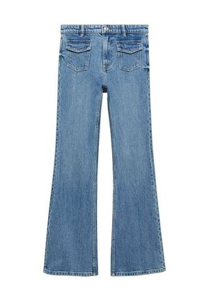 Jasnoniebieskie dzwony z wysokim stanem, wyposażone w dwie tylne kieszenie oraz klasyczny fason z pięcioma kieszeniami. Wykonane z denimu.