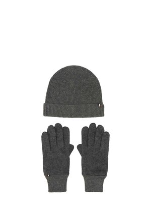 Dark gray knitted winter set with a beanie hat and matching gloves, both featuring a small fabric tag on the edge.
