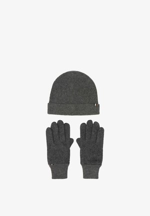 Dark gray knitted winter set with a beanie hat and matching gloves, both featuring a small fabric tag on the edge.