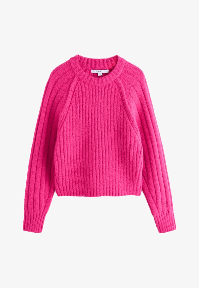 Pull tricoté côtelé rose vif avec manches longues et col rond, étiquette "NEXT" à l'intérieur du col.