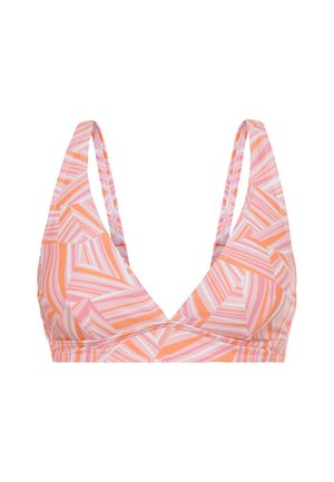 Trojuholníkový bikiny vrch v oranžovej a ružovej farbe s geometrickým pruhovaným vzorom. Obsahuje široké ramienka a dizajn s v-výstrihom. Hladká látka.