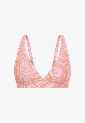 Kolmnurkne bikiinitopp oranžis ja roosas, millel on geomeetriline triibumuster. Omab laia rihma ja V-kaelust. Sile kangas.
