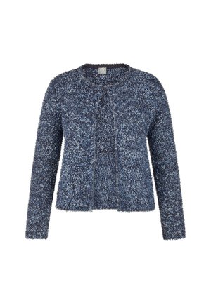 Flauschige, strukturierte Strickjacke in verschiedenen Blautönen, mit langen Ärmeln und rundem Halsausschnitt; offenes Design ohne Verschlüsse.