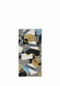Multifunctional Buff in breathable, stretchy material featuring an abstract pattern of goggles and circles in beige, blue, and gray tones.