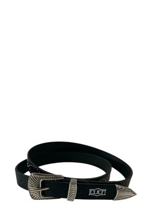 Cintura in pelle nera con una fibbia decorativa in tonalità argento e punta affilata. Presenta una superficie liscia e il logo del marchio.