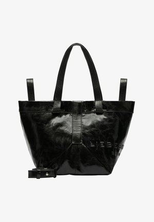 Schwarze Leder-Tote mit glatter Textur, doppeltem Obergriff, verstellbarem Tragegurt, eingeprägtem Branding und dreieckigem Basisdesign.