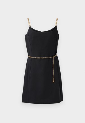 Black sleeveless dress with gold chain straps and a gold chain belt. Smooth fabric, fitted design, and a subtle V-neckline.