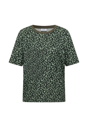 T-shirt à manches courtes avec col rond, imprimé léopard abstrait noir et vert, bordure de col vert olive.
