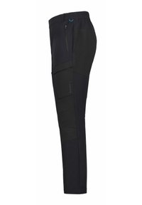 Schwarze Outdoor-Hosen aus dehnbarem Material, mit elastischem Bund, seitlichen Taschen und strukturierten Akzenten für Langlebigkeit und Funktion.