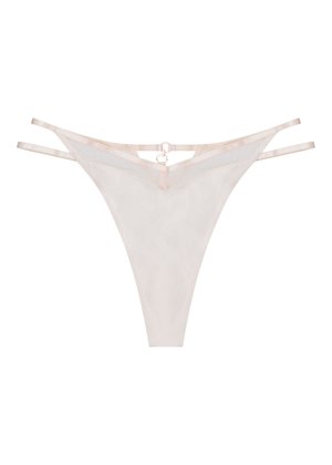 Lace thong with a semi-sheer beige fabric, featuring adjustable satin straps and a small metal ring detail at the back.