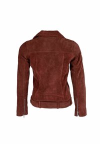 Rjav semiš jakna s krojeno zasnovo, z nazobčanim ovratnikom in manšetami z zadrgo. Ima gladko teksturo in krojeno zadnjo silhueto.