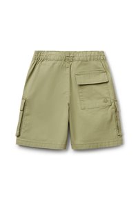 Khaki cargo šortky s elastickým pasem, bočními kapsami a zadní kapsou s klopou. Vyrobeny z lehkého materiálu s hladkým povrchem.