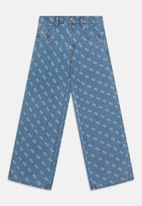 Jeans in denim azzurro chiaro con un design a gamba larga, caratterizzati da un motivo astratto bianco ripetuto. Dotati di cinque tasche e chiusura frontale con bottone.