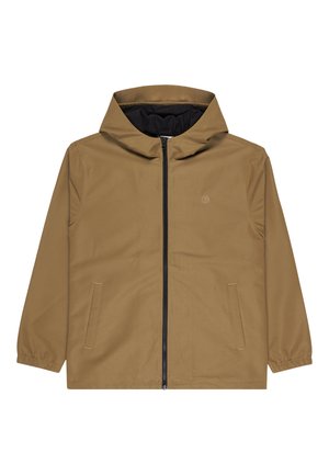 Braune Kapuzenjacke mit schwarzem Reißverschluss, elastischen Bündchen, zwei Fronttaschen und einem kleinen gestickten Logo auf der Brust.