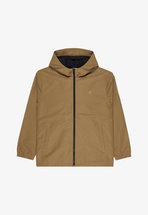 Braune Kapuzenjacke mit schwarzem Reißverschluss, elastischen Bündchen, zwei Fronttaschen und einem kleinen gestickten Logo auf der Brust.