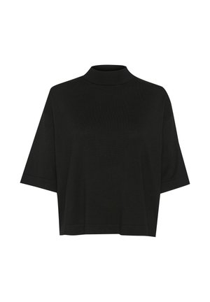 Zwart cropped coltrui met korte mouwen, gemaakt van een zachte, gestructureerde stof, met een hoge nek en strakke, simpele lijnen.