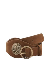 Brauner Wildledergürtel mit zwei runden goldfarbenen Schnallen; eine hat ein strukturiertes Spiraldesign. Glatte Textur und breite Form.