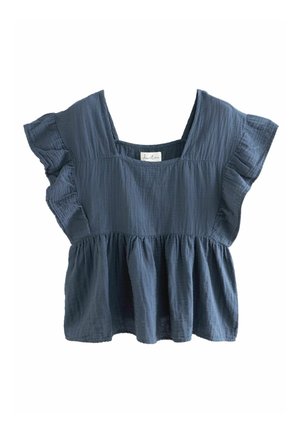 Haut bleu foncé en tissu texturé avec manches courtes à volants et taille froncée.