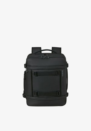 Black rectangular backpack with padded shoulder straps, multiple zippered compartments, and two horizontal strap loops on the front panel.