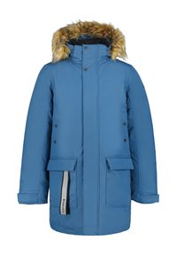 Parka blu cintura isolante con cappuccio foderato in pelliccia sintetica, tasche frontali, bottoni a pressione e dettaglio della cerniera in contrasto. Texture liscia.