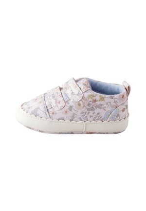 Floral-patterned fabric shoe in pastel pink and light blue, featuring a soft white sole and dual Velcro straps for easy wear.