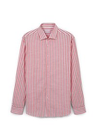 Camicia a maniche lunghe a righe rosse e bianche, con design a bottoni, dettagli di colletto e polsini con righe alternate strette e larghe.