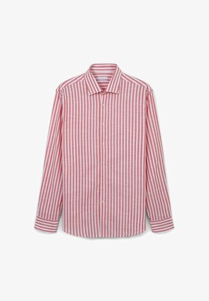 Chemise à rayures rouges et blanches à manches longues, avec un design à boutons, col et détails aux poignets, présentant des rayures alternant entre étroites et larges.