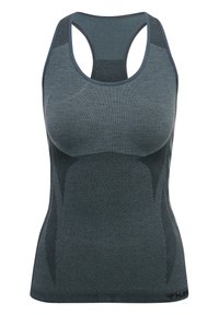 Camiseta deportiva sin mangas de color gris oscuro con acabado texturizado, diseño de espalda de nadador y paneles de malla para mayor transpirabilidad. Presenta una silueta ajustada.