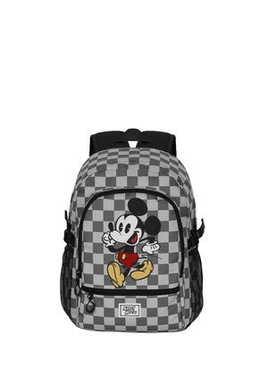 Mochila con un patrón a cuadros en negro y gris, con un gráfico destacado de Mickey Mouse en la parte frontal, correas ajustables y bolsillos laterales de malla.