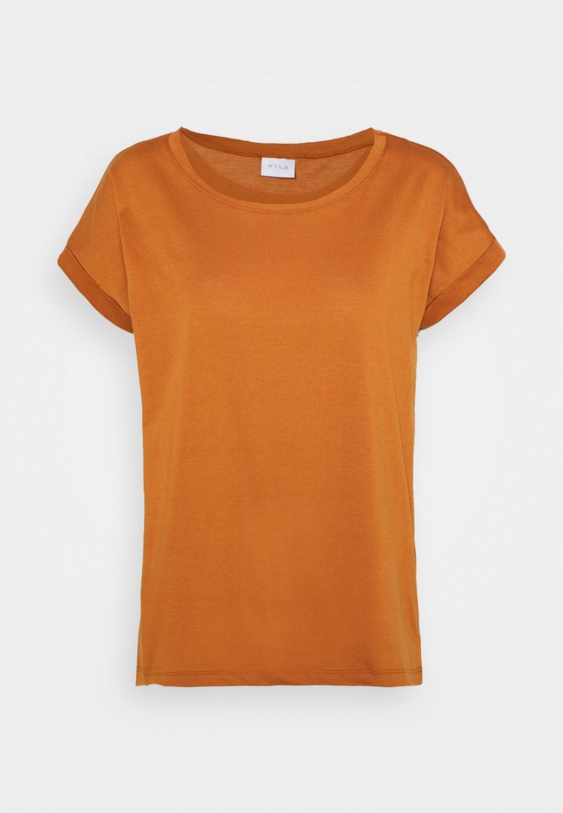 T-shirt orange uni à manches courtes avec encolure ronde et poignets repliés aux manches, présenté sur fond blanc.