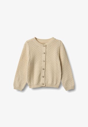 Krém színű kardigán texturált kötött anyagból, kerek nyakkivágással, hosszú ujjakkal és gombos záródással az elején.