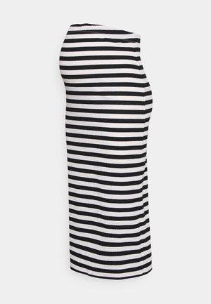 Zwart-witte horizontaal gestreepte, geribbelde zwangerschaps-pencilrok met een elastische tailleband, zijaanzicht.