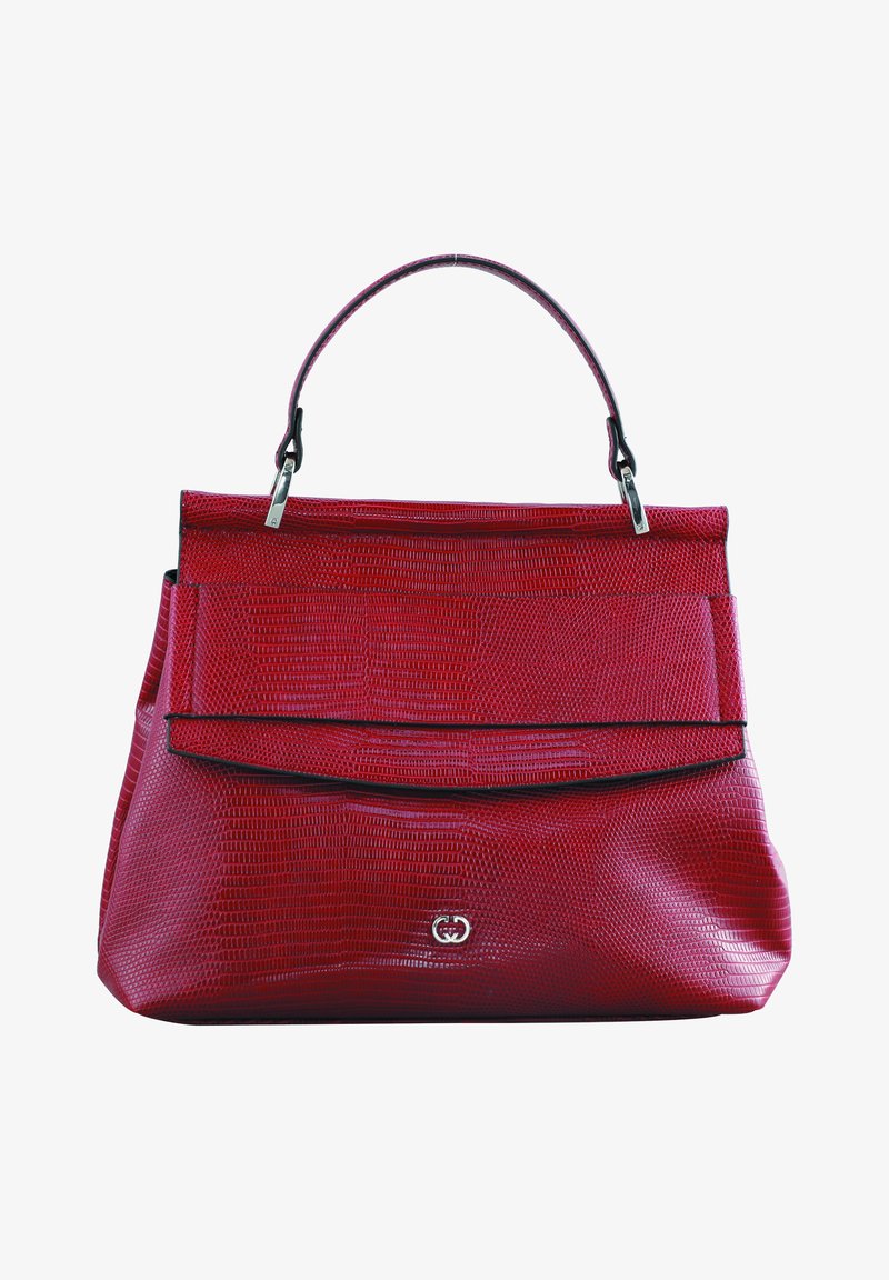 Sac à main en cuir rouge texturé avec poignée supérieure, rabat avant et petit logo double-G argenté en bas à l'avant.