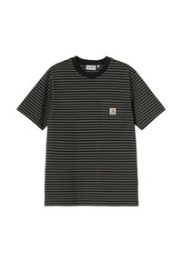Camiseta de rayas en algodón negro y verde oscuro, con cuello redondo, mangas cortas y un bolsillo en el pecho con una etiqueta de logo.