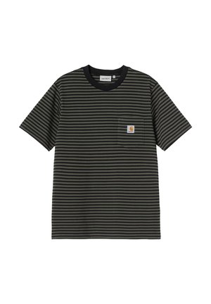 Camiseta de rayas en algodón negro y verde oscuro, con cuello redondo, mangas cortas y un bolsillo en el pecho con una etiqueta de logo.