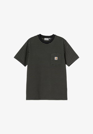 Pasiasta koszulka w kolorze ciemnozielonym i czarnym z bawełny, z okrągłym dekoltem, krótkimi rękawami i kieszonką na piersi z etykietą logo.